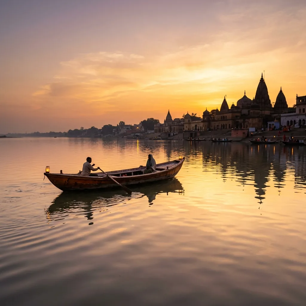 Boat on Sarayu river at sunrise