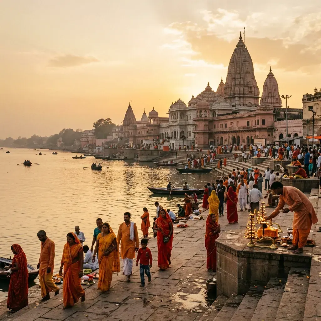 Aerial view of the Ayodhya cityscape and temples