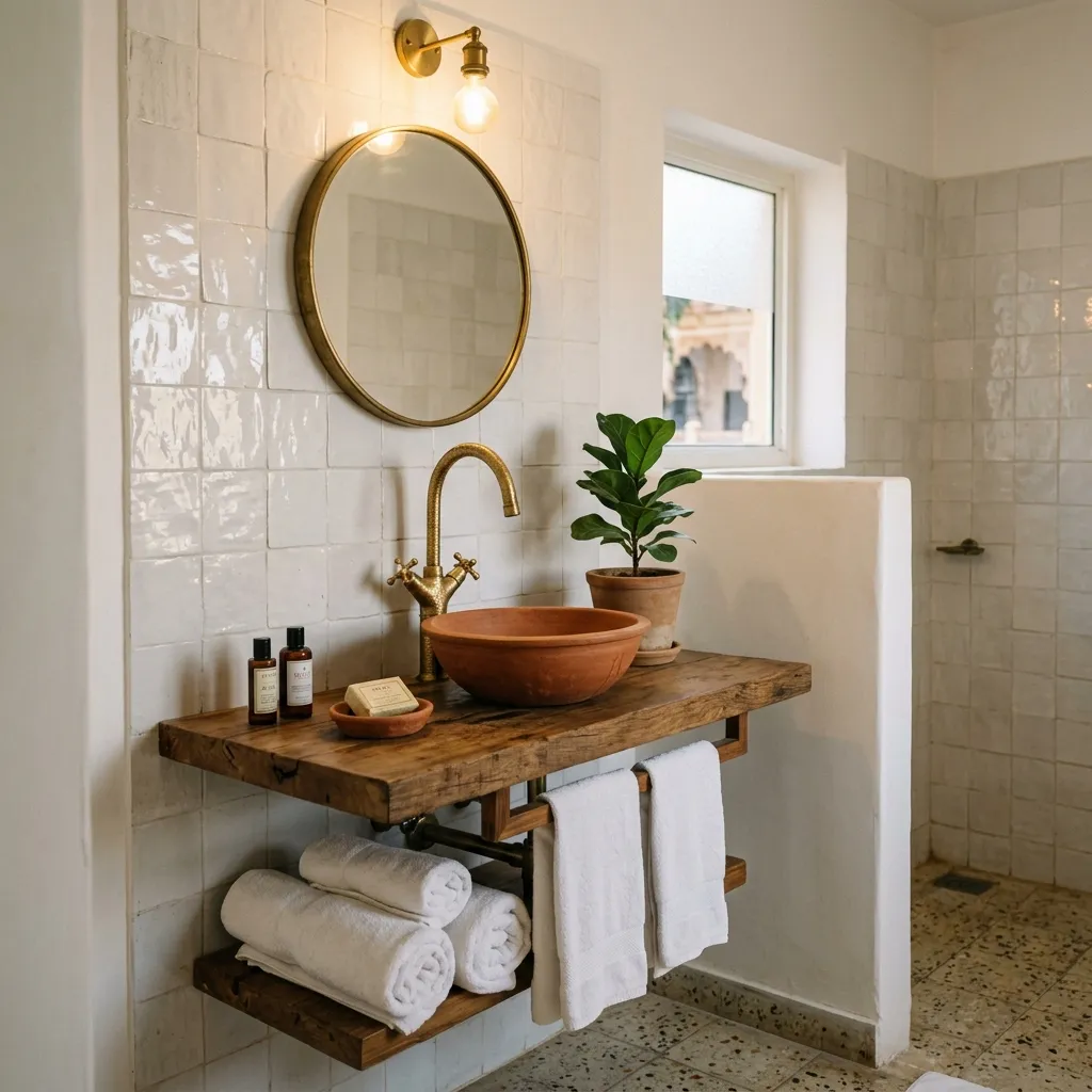 Minimalist bathroom with brass fittings and ayurvedic toiletries