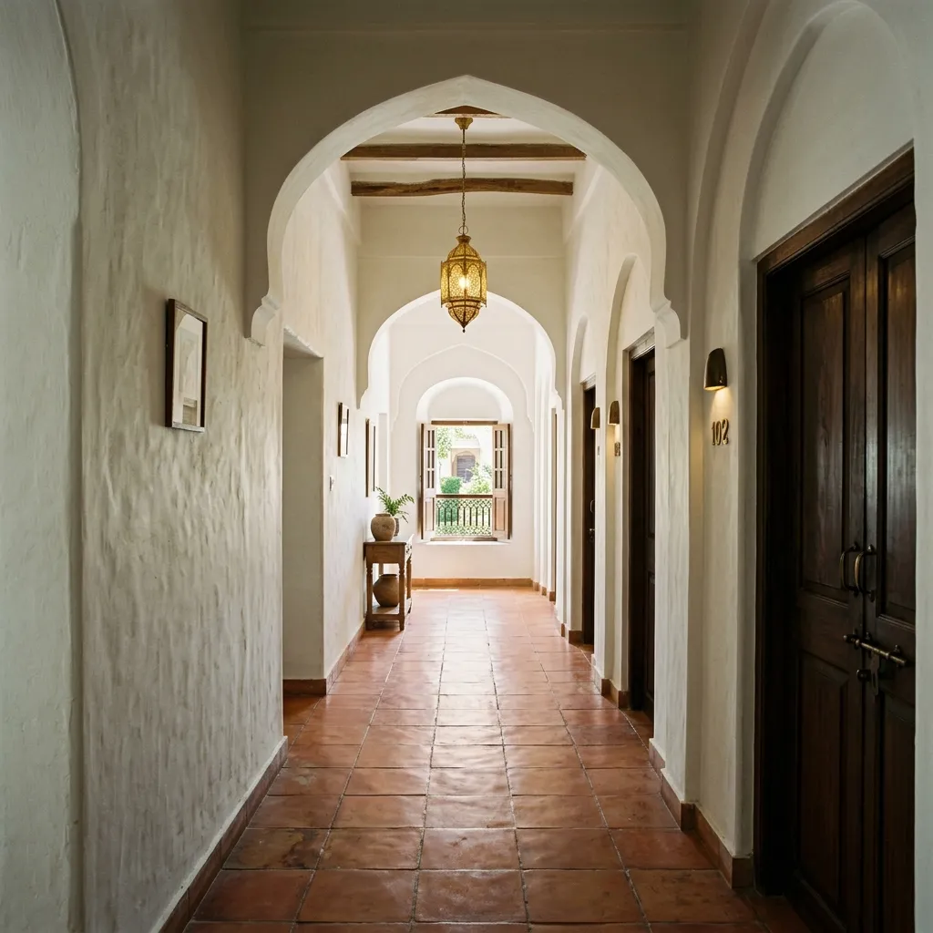 Arched corridor with terracotta tiles and brass lantern