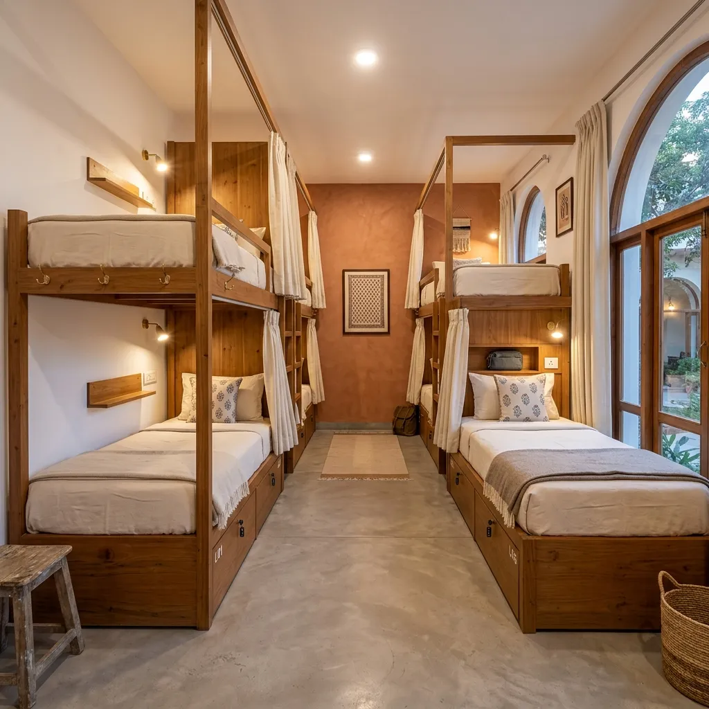 Premium dormitory — wooden bunks with individual privacy curtains