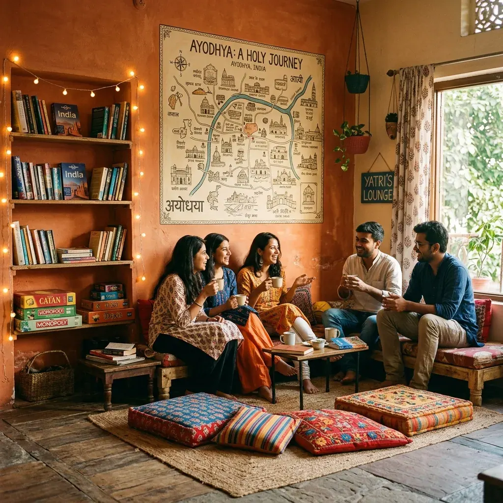 Community lounge with travellers and Ayodhya map artwork