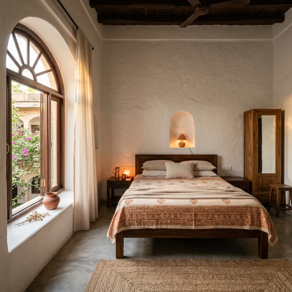 Private Deluxe Room — handwoven textiles and arched window