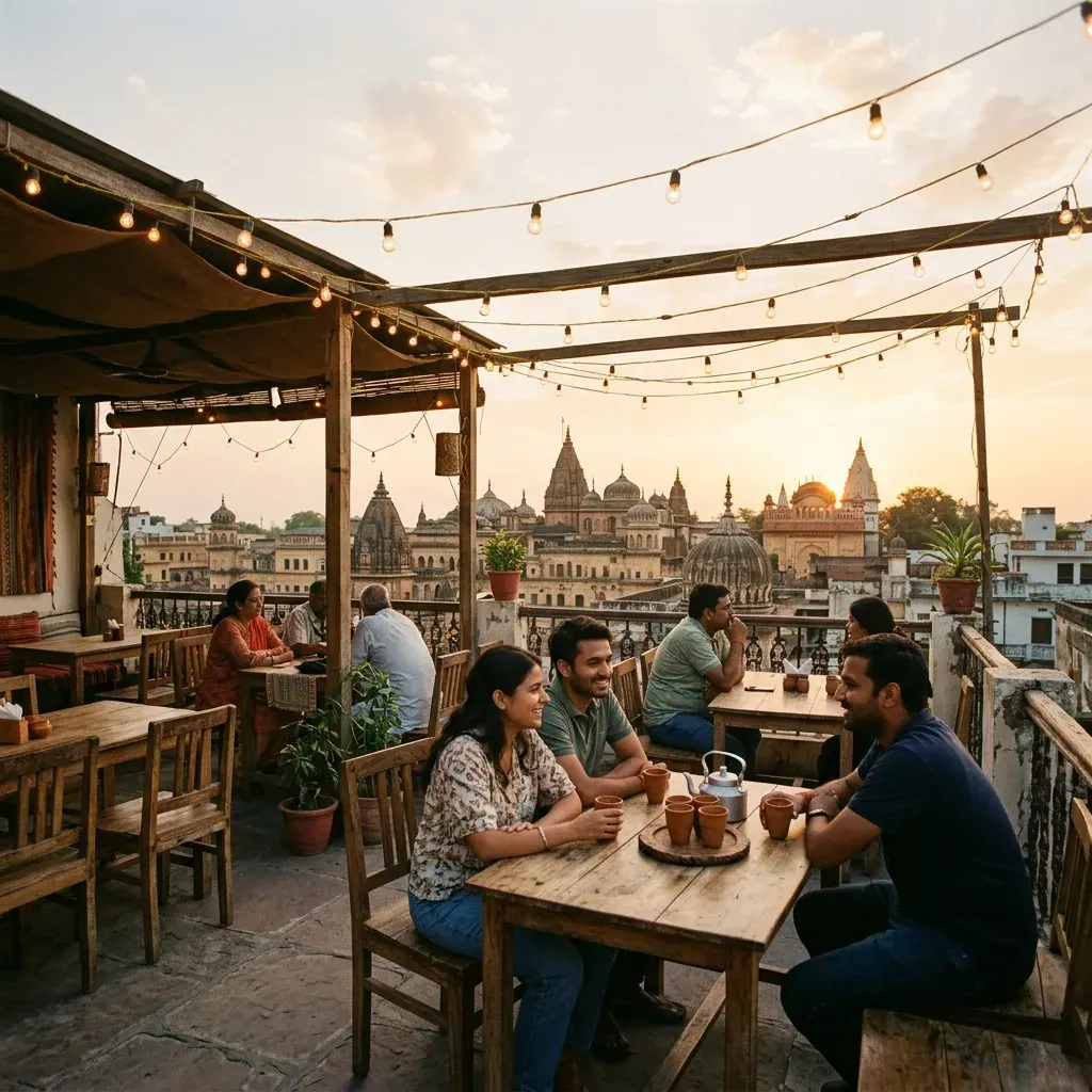 Rooftop café with Ayodhya temple skyline at golden hour