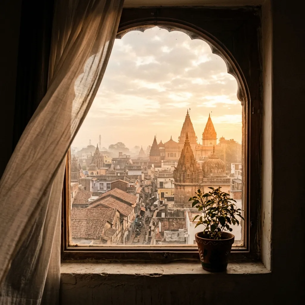 Temple skyline view from arched room window at sunrise